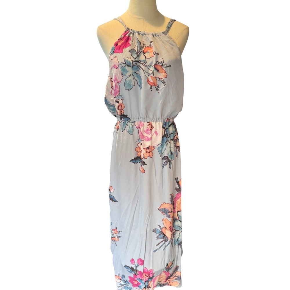 Leifsdottir Blue Floral 100% Silk Maxi Dress Sleeveless adjustable straps M/L